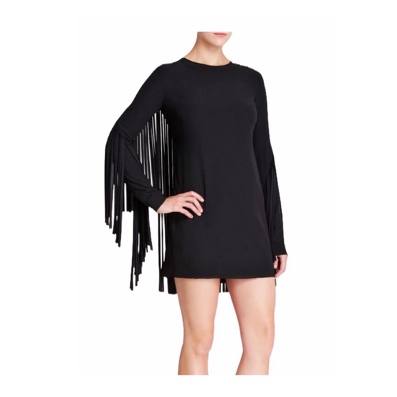 DKNY Fringe Shift Dress Black Crepe Long Sleeve 8 - Picture 3 of 11